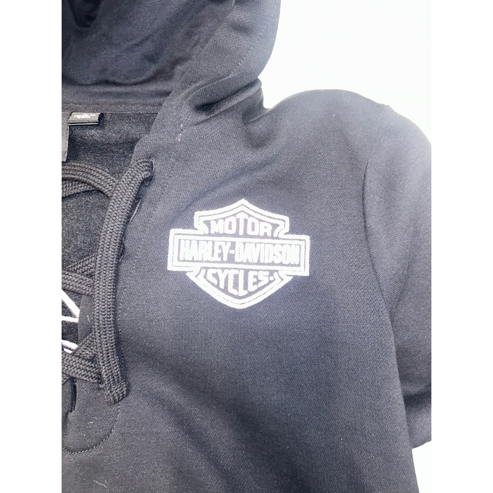 Harley-Davidson Lace Up Hoodie Black Embroidered Logo Sweatshirt Women's Large - Picture 2 of 7
